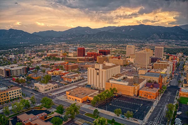 Arial view of downtown Colorado Springs at dusk