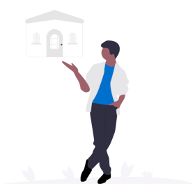 Illustration of a man pointing to a house for Property Management 