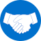 Circle icon filled with light blue and white illustration of a handshake 