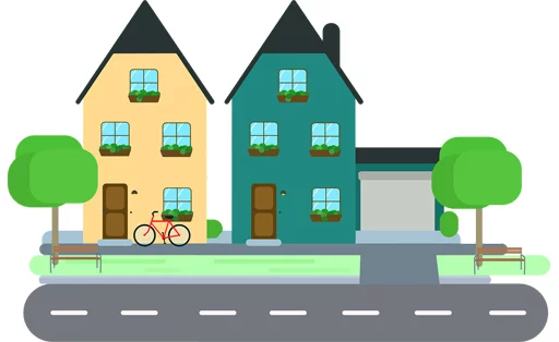two tall houses with trees and a bike outside