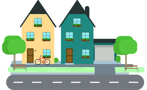 Two cartoon apartment buildings with a bike and trees in front