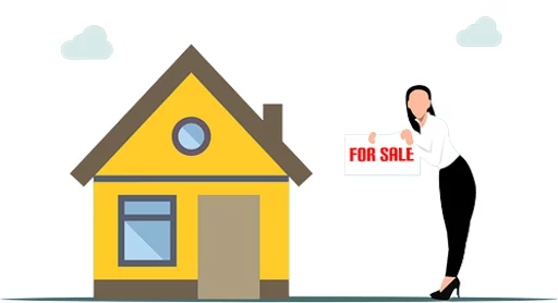 small yellow house with a realtor holding a for sale sign