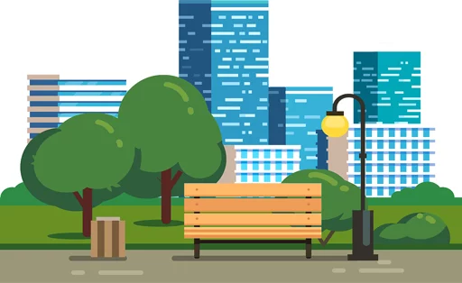 City skyline with a park bench and some trees