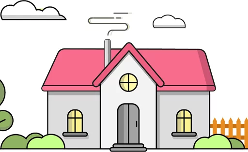 house with a pink roof with plants and clouds around it