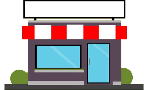 small building with red and white awning 