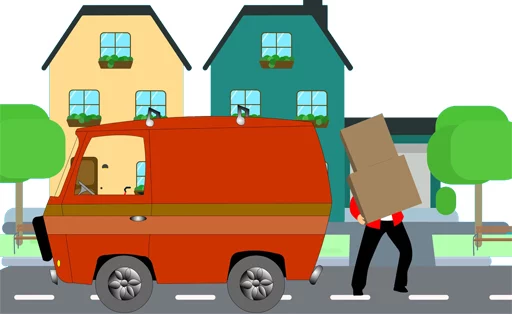 houses with a van in front and someone with moving boxes 